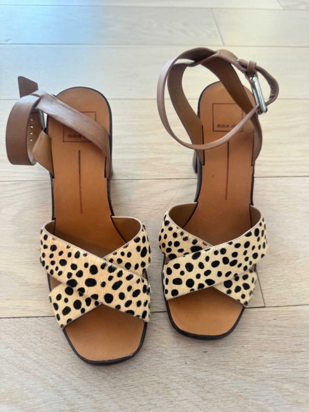 Dolce Vita Tan Leather Ankle-Strap Sandals with Spotted Cross Straps